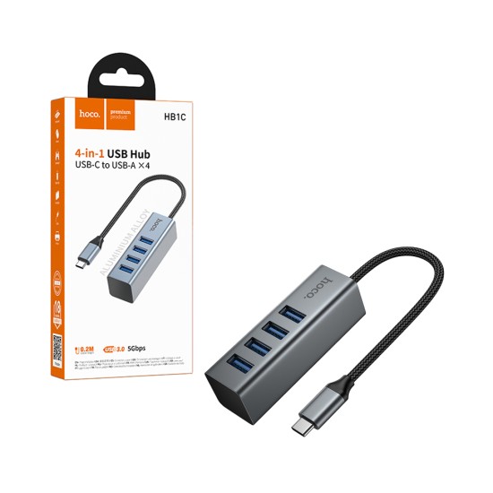 Adaptador Hoco HB1C 4 em 1 Conversor Tipo C para 4 USB 3.0 Cinzento Metalizado